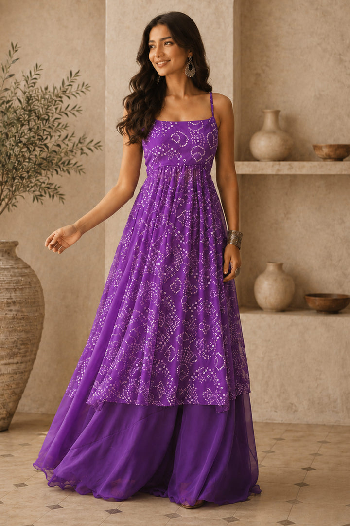 Women Purple Bandhani Printed Kurta With Paired Bottom