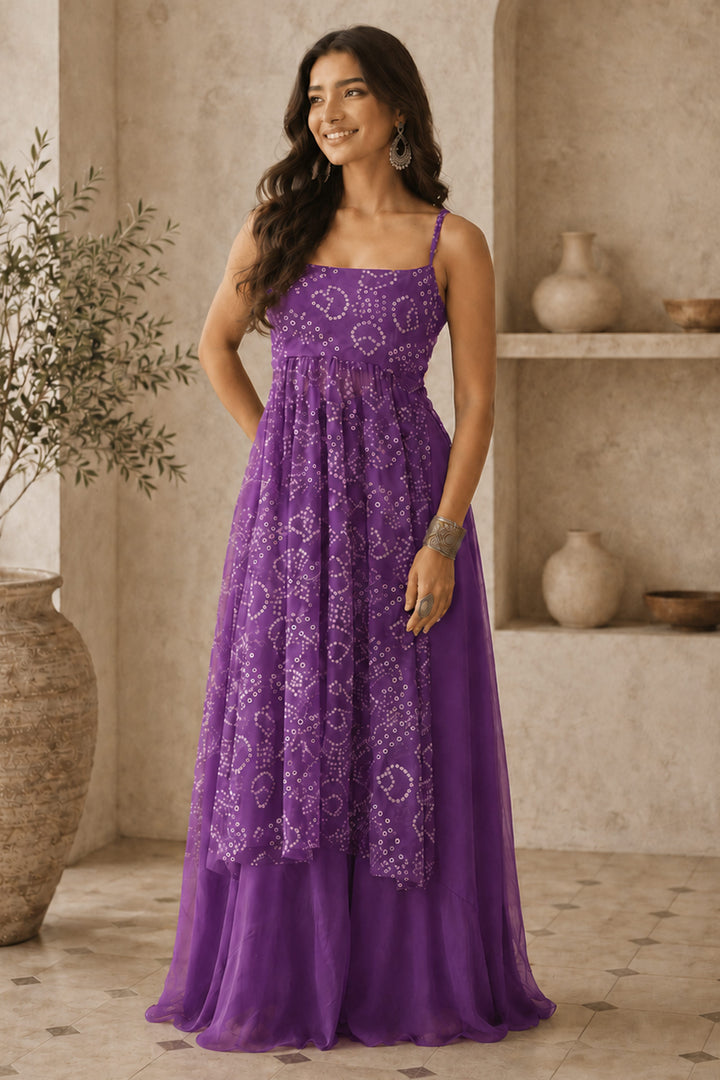 Women Purple Bandhani Printed Kurta With Paired Bottom