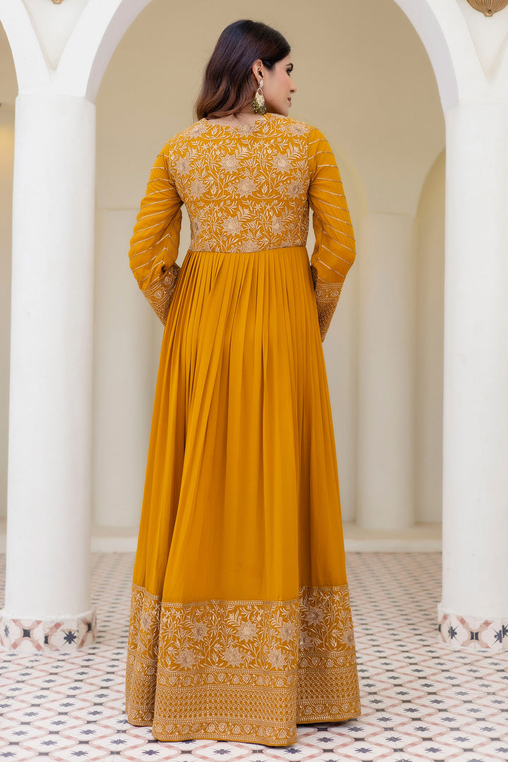 Mustard Embroidered Work Party Wear Anarkali Gown With Dupatta