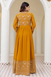 Mustard Embroidered Work Party Wear Anarkali Gown With Dupatta