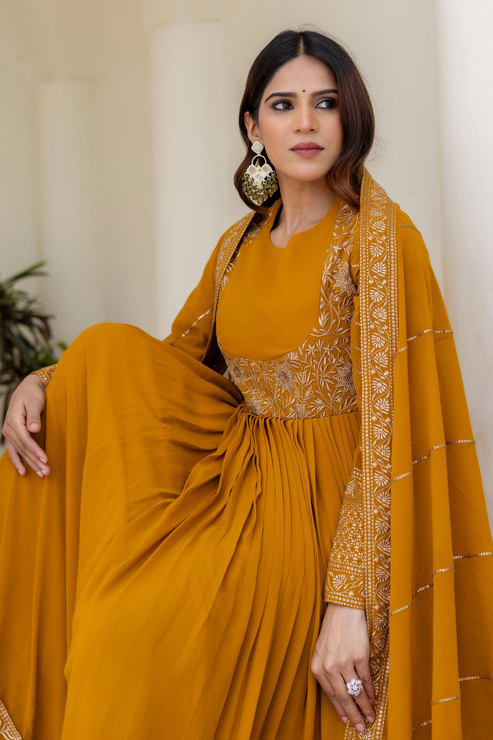 Mustard Embroidered Work Party Wear Anarkali Gown With Dupatta