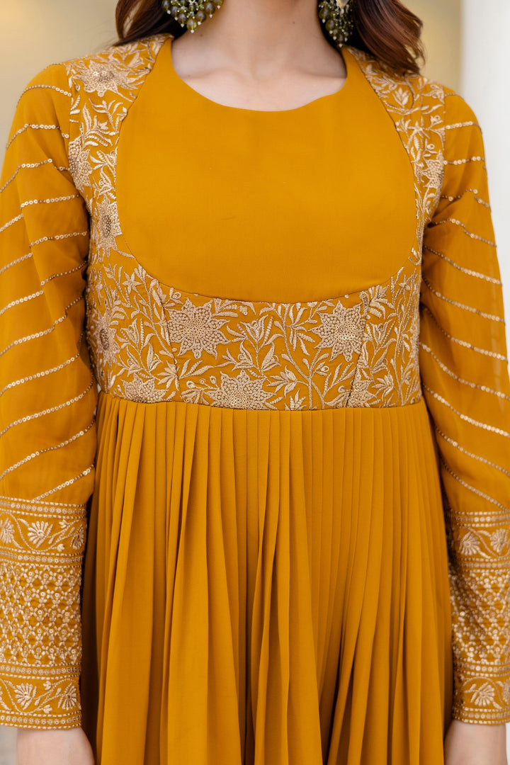 Mustard Embroidered Work Party Wear Anarkali Gown With Dupatta