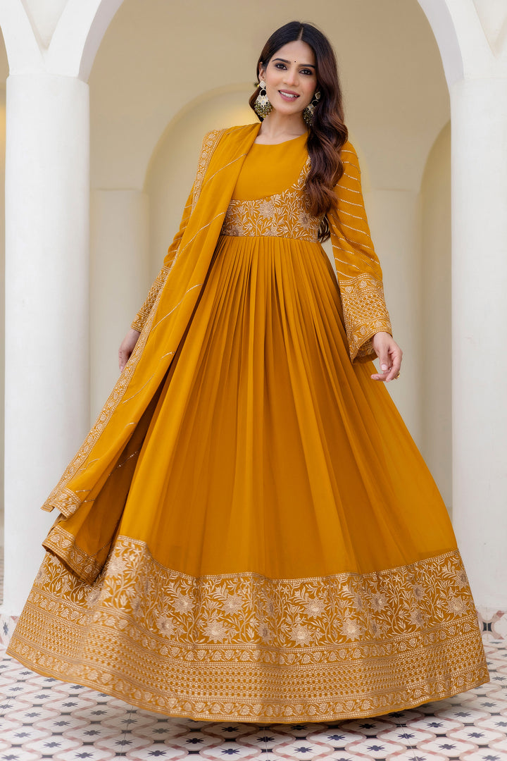 Mustard Embroidered Work Party Wear Anarkali Gown With Dupatta