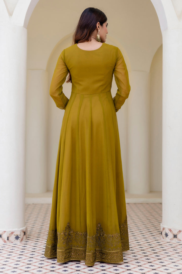 Georgette Green Party Wear Anarkali Gown With Dupatta