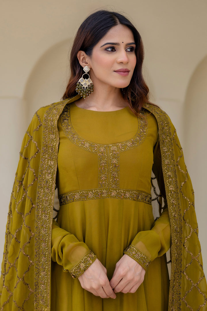 Georgette Green Party Wear Anarkali Gown With Dupatta