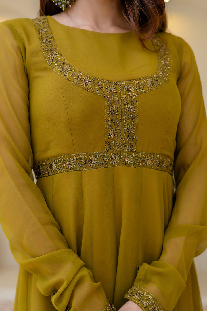 Georgette Green Party Wear Anarkali Gown With Dupatta