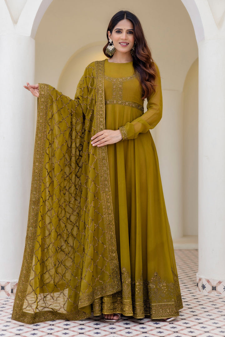 Georgette Green Party Wear Anarkali Gown With Dupatta