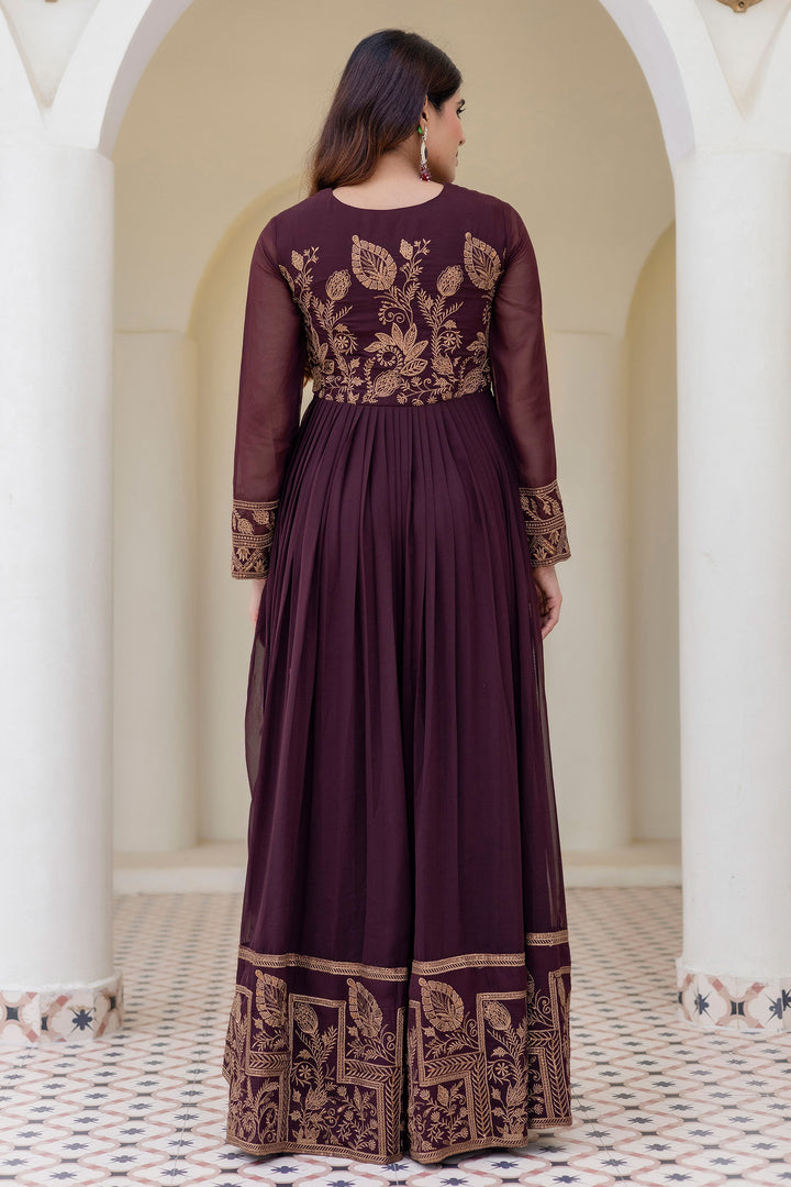Wine Embroidered Work Readymade Anarkali Gown With Dupatta