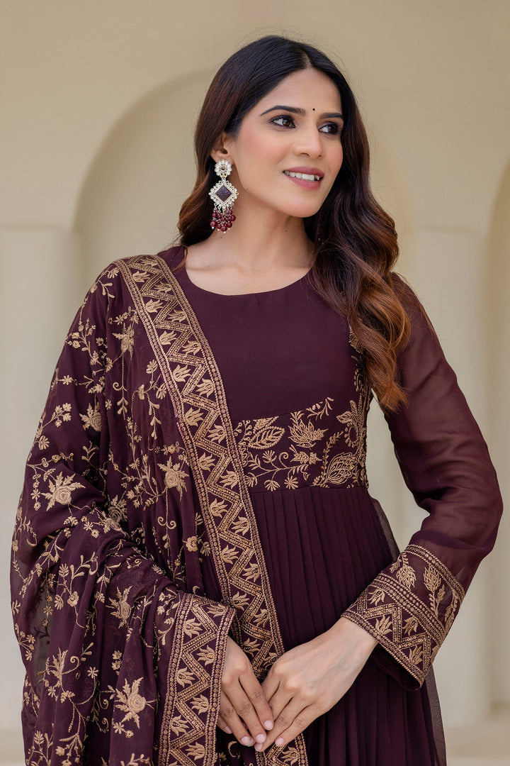 Wine Embroidered Work Readymade Anarkali Gown With Dupatta