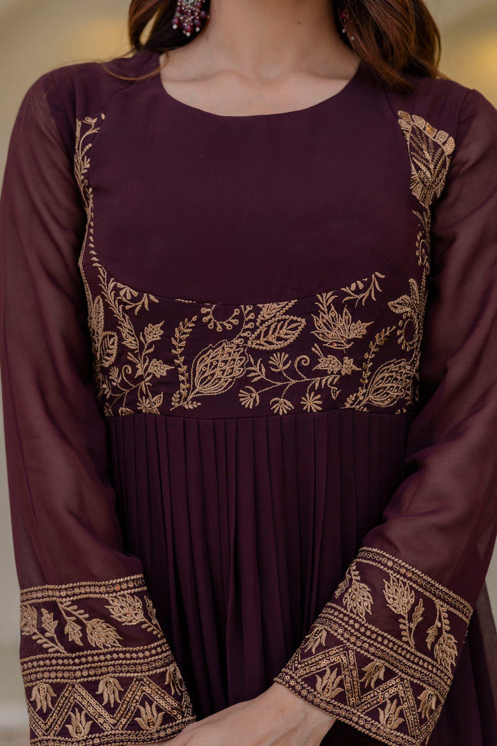 Wine Embroidered Work Readymade Anarkali Gown With Dupatta