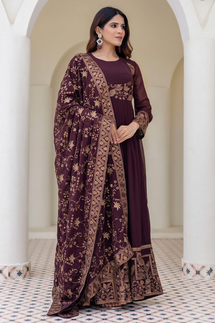 Wine Embroidered Work Readymade Anarkali Gown With Dupatta
