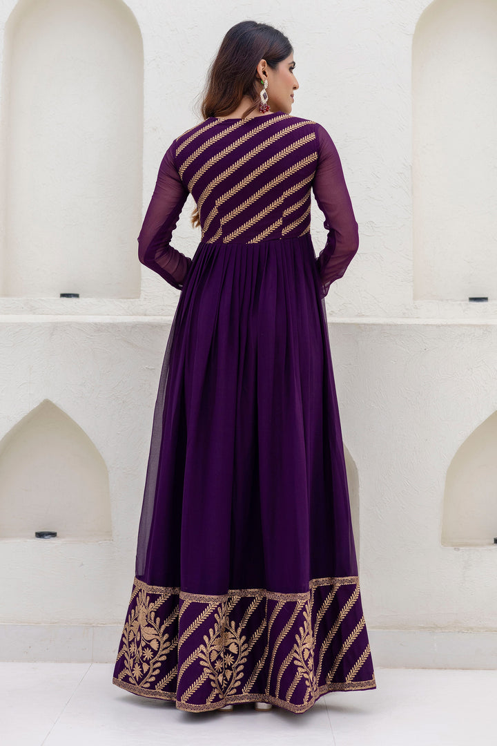 Luxury Purple Georgette Embroidered Readymade Gown With Dupatta
