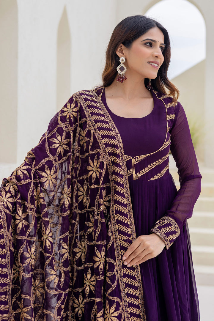 Luxury Purple Georgette Embroidered Readymade Gown With Dupatta