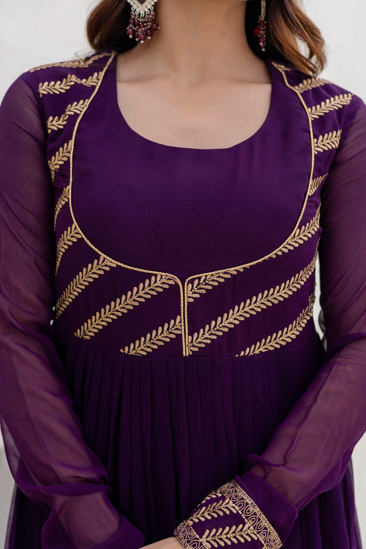 Luxury Purple Georgette Embroidered Readymade Gown With Dupatta