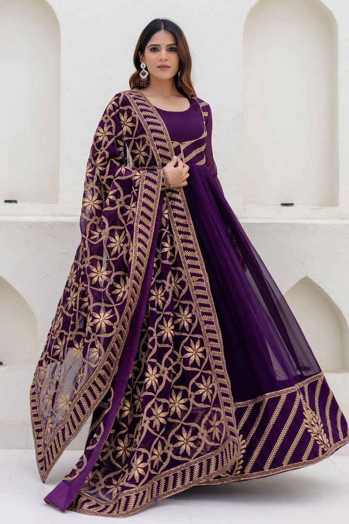 Luxury Purple Georgette Embroidered Readymade Gown With Dupatta