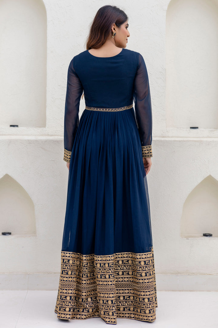 Women's Georgette Navy Blue Embroidered Work Anarkali Gown With Dupatta