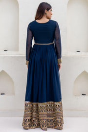 Women's Georgette Navy Blue Embroidered Work Anarkali Gown With Dupatta