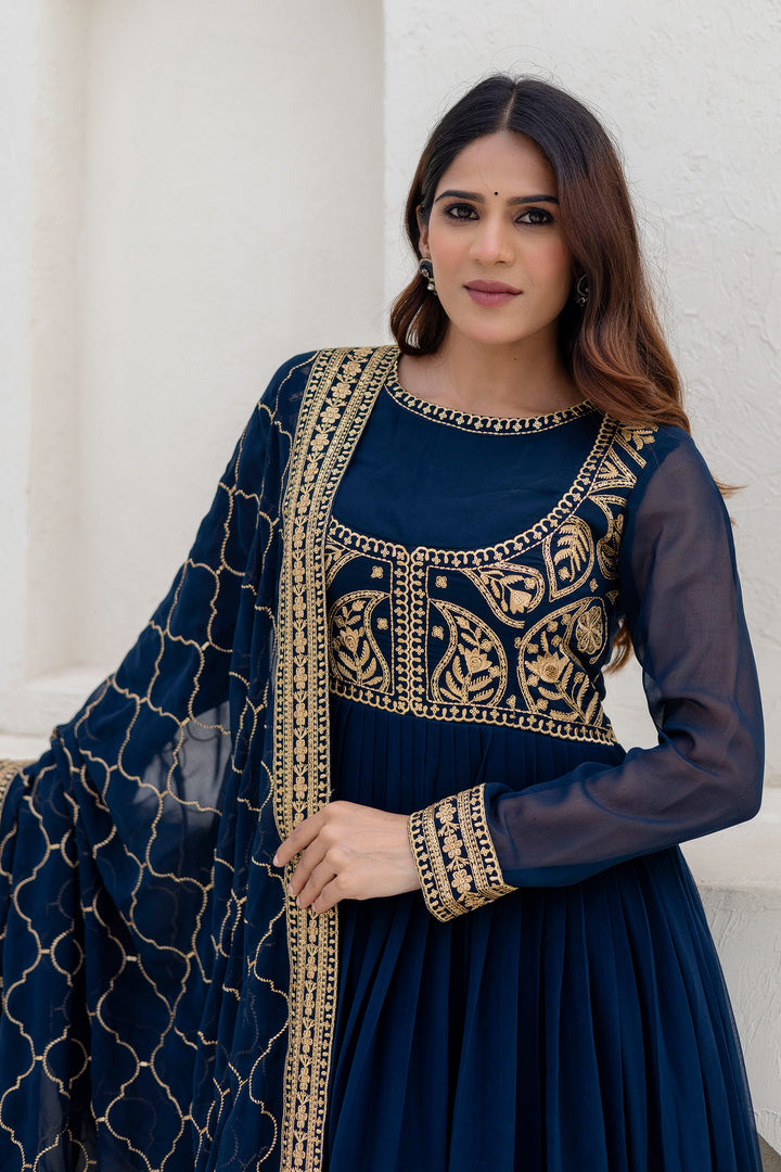 Women's Georgette Navy Blue Embroidered Work Anarkali Gown With Dupatta