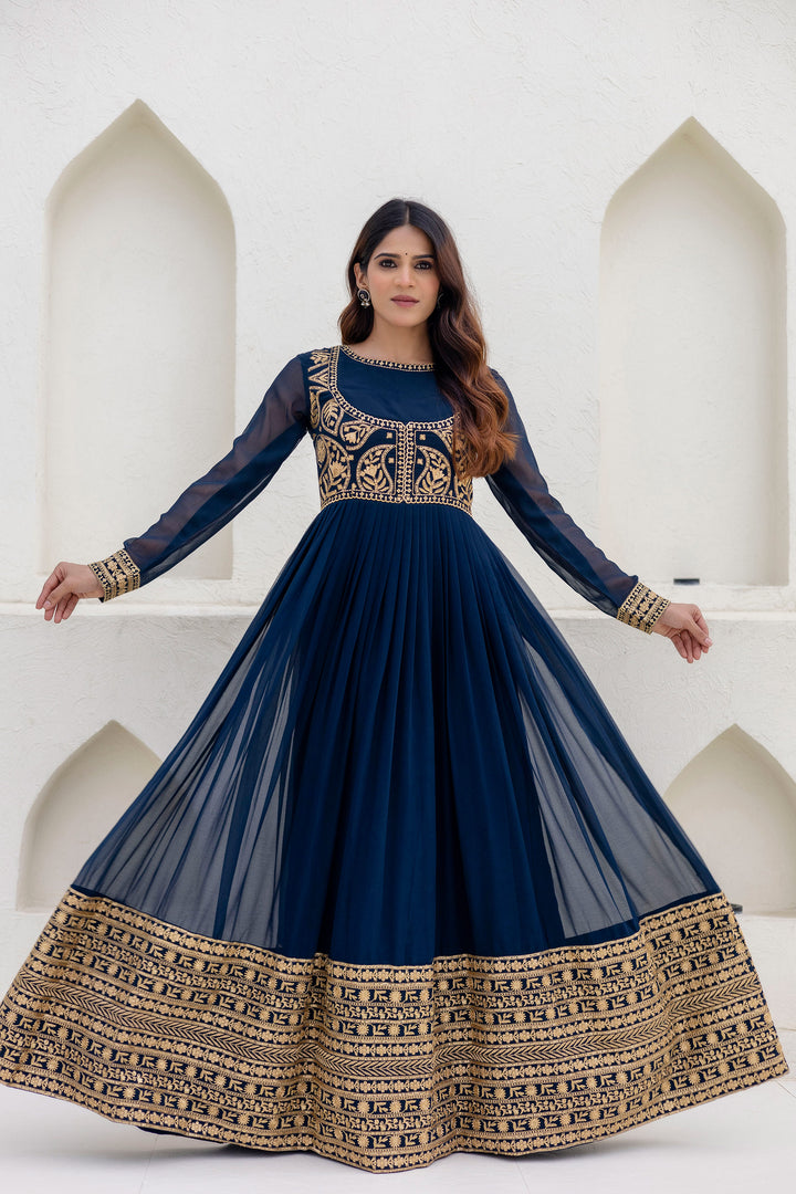 Women's Georgette Navy Blue Embroidered Work Anarkali Gown With Dupatta