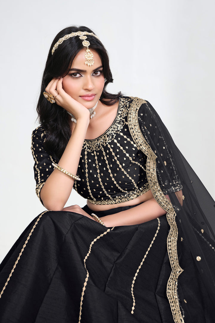 Art Silk Designer Black Embroidered Function Wear Lehenga