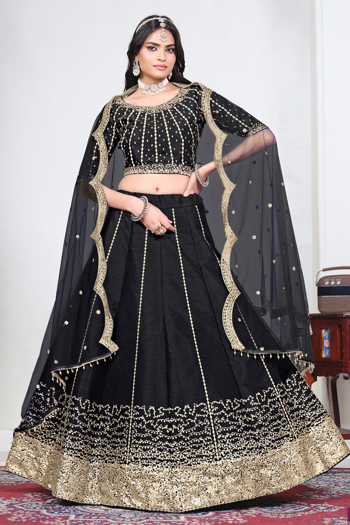 Art Silk Designer Black Embroidered Function Wear Lehenga