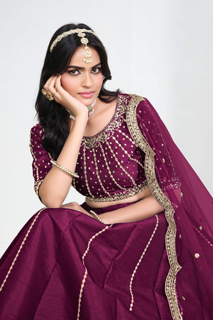 Beautiful Art Silk Designer Magenta Lehenga With Net Dupatta