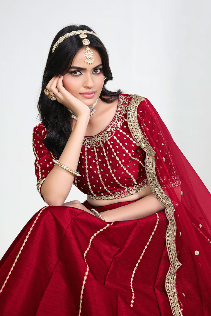 Art Silk Red Function Wear Lehenga With Net Dupatta