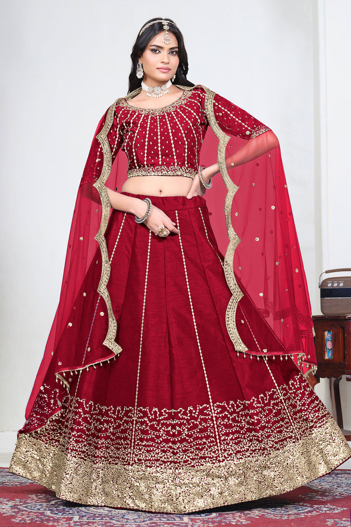 Art Silk Red Function Wear Lehenga With Net Dupatta