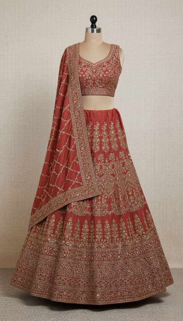 Terracotta Rose Velvet Bridal Lehenga